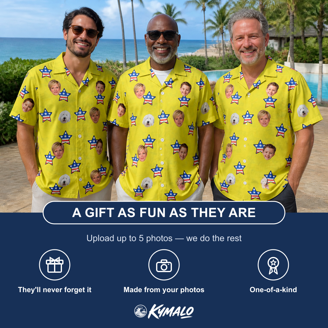 Friends in matching Men's Liberty Stripe Custom Face Hawaiian Shirt — a group gift photo