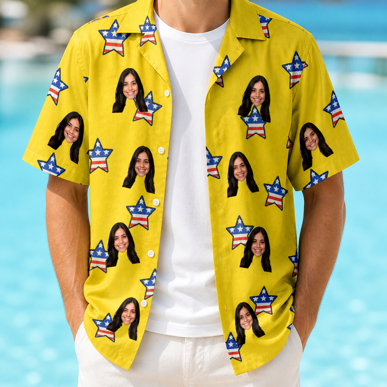 Man wearing Men's Liberty Stripe Custom Face Hawaiian Shirt open over a white tee