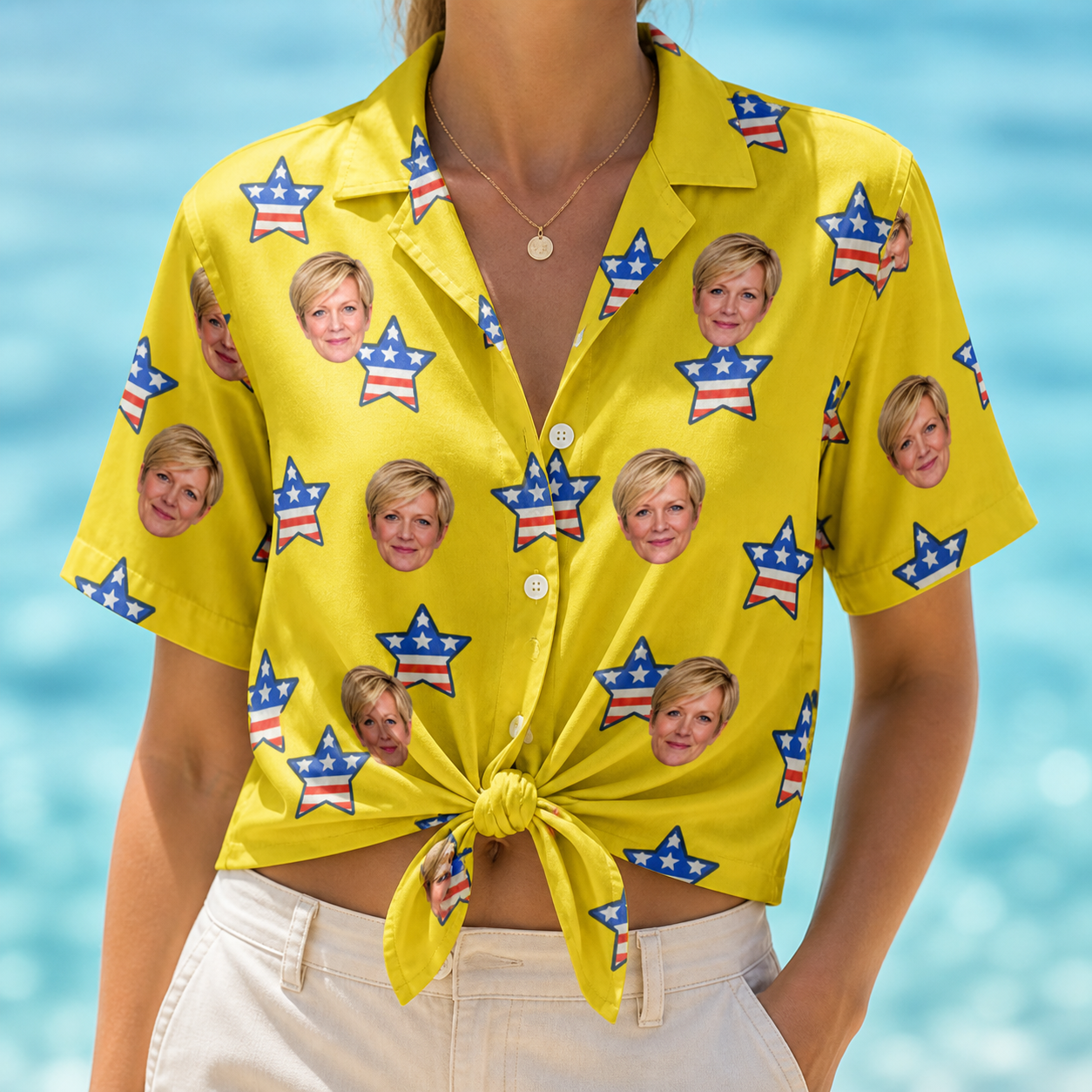 Woman wearing Women's Liberty Stripe Custom Face Hawaiian Shirt tied at the waist
