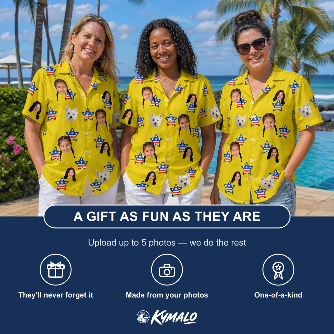 Friends in matching Women's Liberty Stripe Custom Face Hawaiian Shirt — a group gift photo