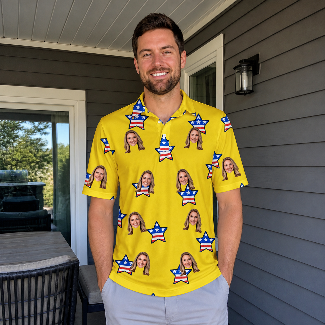 Real-life photo of someone wearing Men's Liberty Stripe Custom Face Polo Shirt — custom faces printed all-over