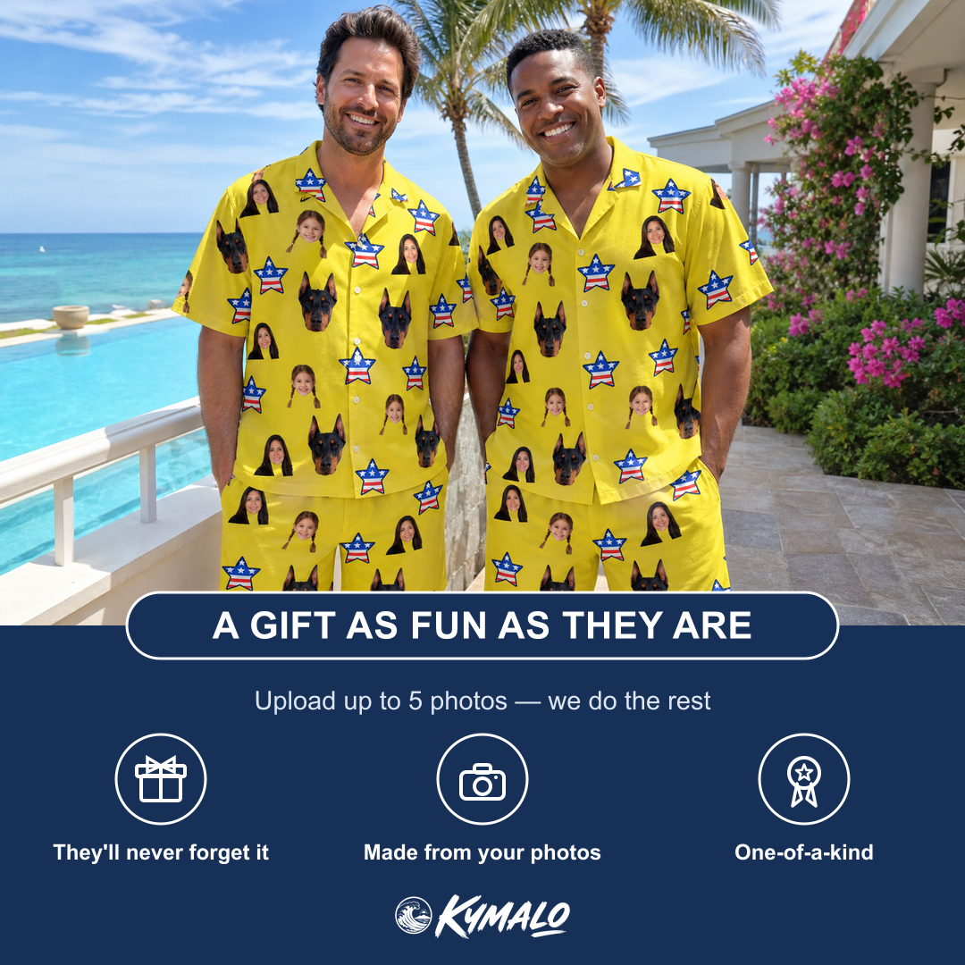 Friends in matching Men's Liberty Stripe Custom Face Shirt & Shorts Set — a group gift photo