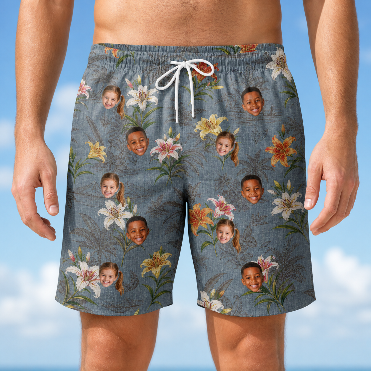 Model wearing Men's Lotus Limbo Custom Face Beach Shorts printed with kids' faces