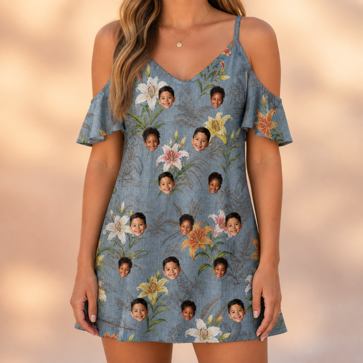 Model wearing Women's Lotus Limbo Custom Face Off-Shoulder Dress printed with kids' faces