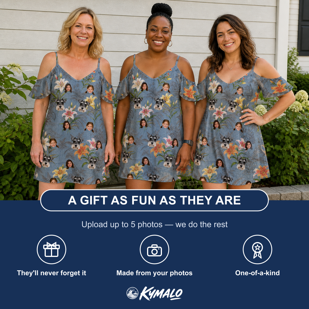 Friends in matching Women's Lotus Limbo Custom Face Off-Shoulder Dress — a group gift photo