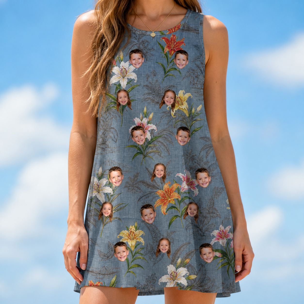 Model wearing Women's Lotus Limbo Custom Face Tank Dress printed with kids' faces