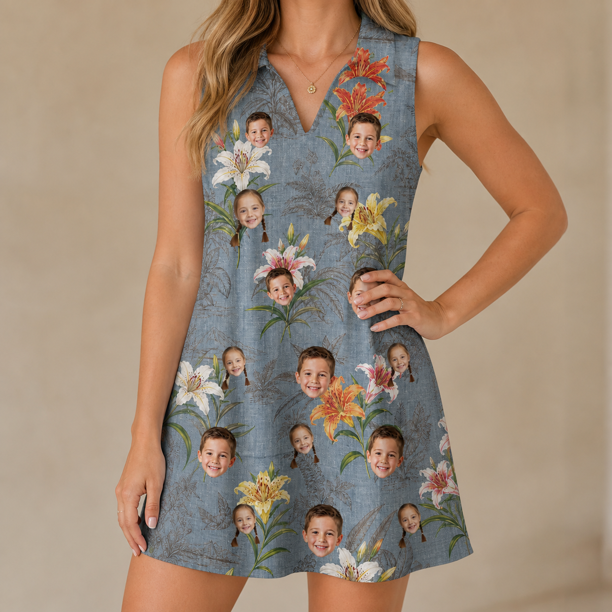 Model wearing Women's Lotus Limbo Custom Face V-Neck Dress printed with kids' faces