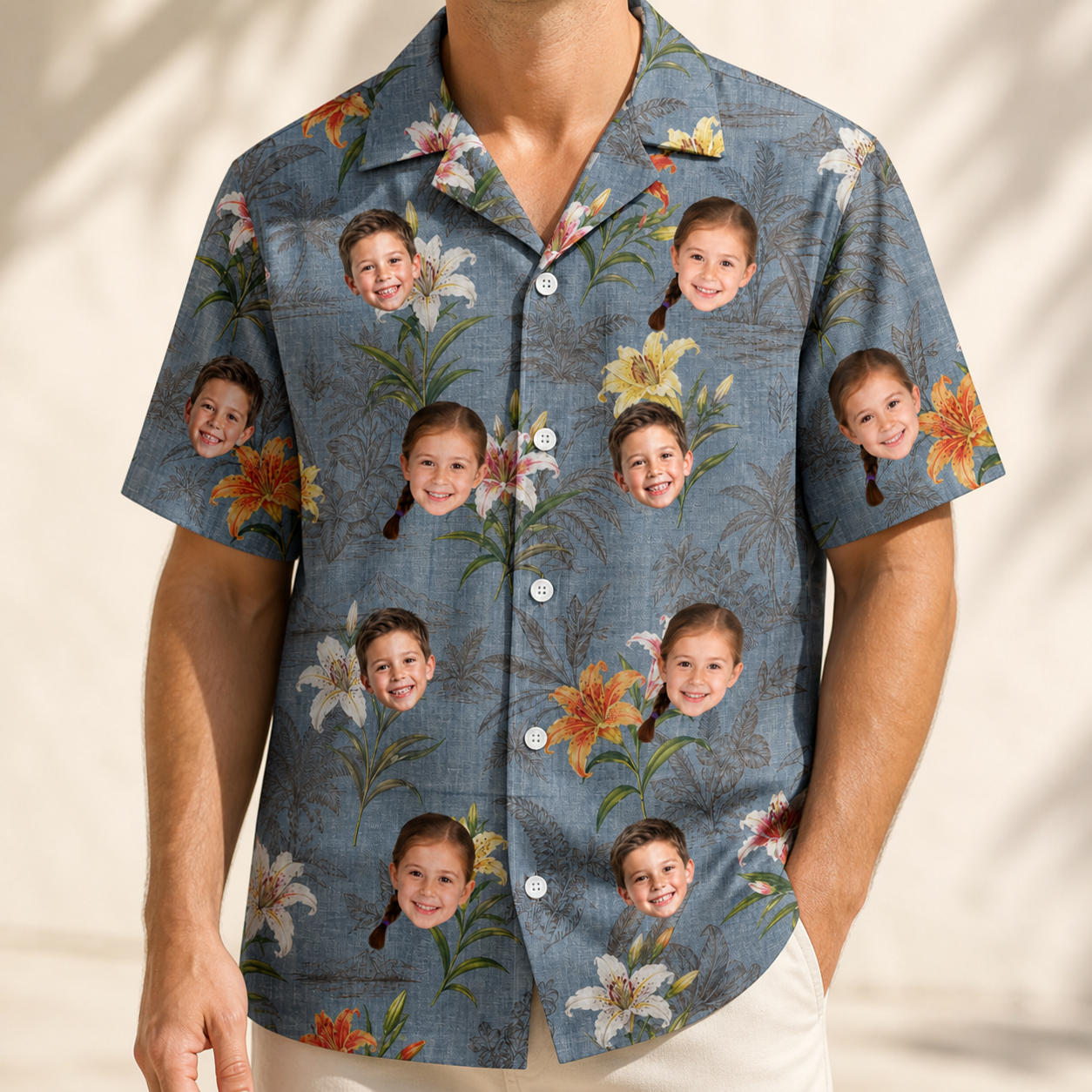 Model wearing Men's Lotus Limbo Custom Face Hawaiian Shirt printed with kids' faces