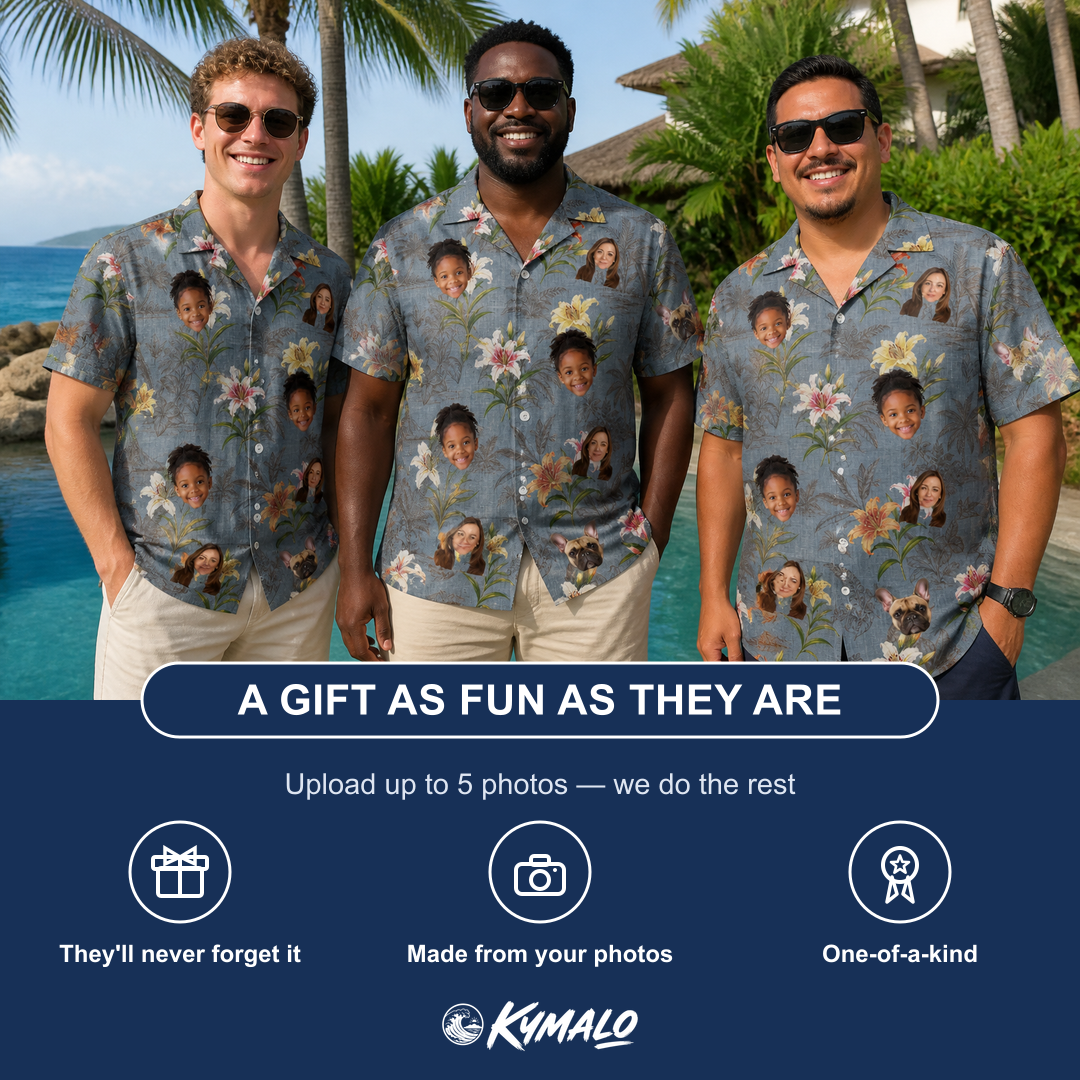 Friends in matching Men's Lotus Limbo Custom Face Hawaiian Shirt — a group gift photo