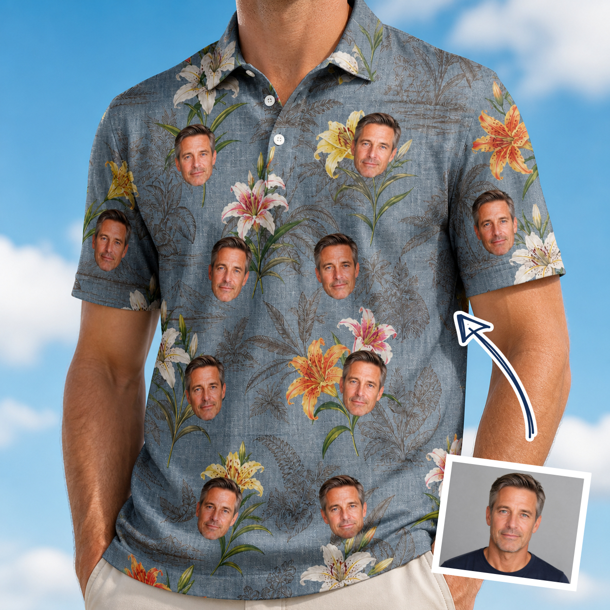 Man wearing Men's Lotus Limbo Custom Face Polo Shirt — custom faces printed all-over