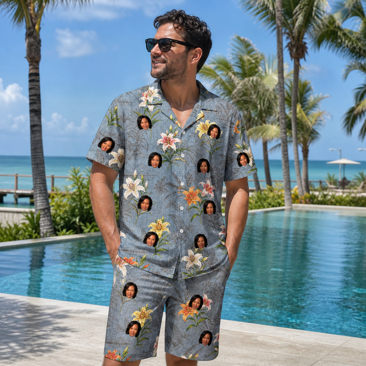 Real-life photo of someone wearing Men's Lotus Limbo Custom Face Shirt & Shorts Set — custom faces printed all-over