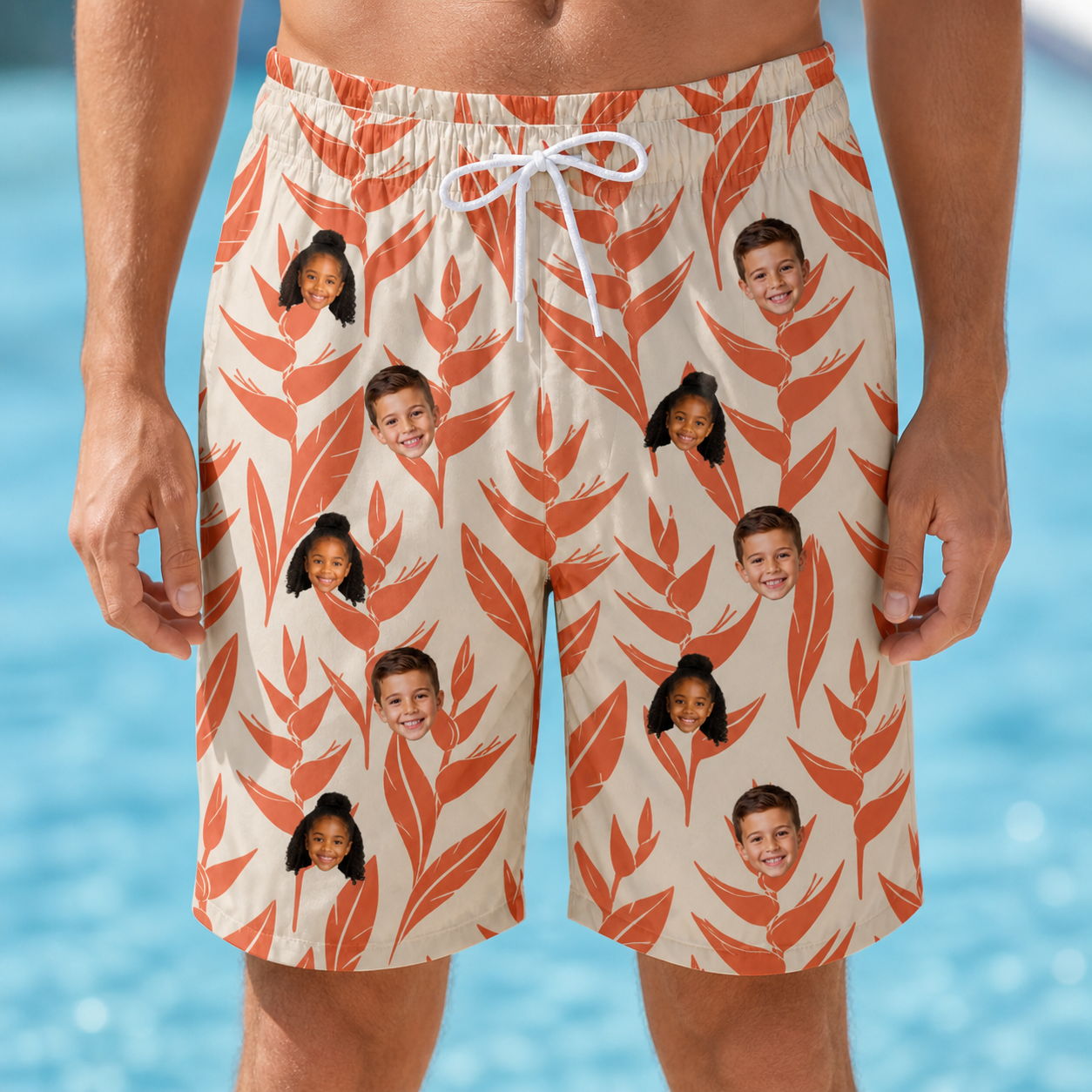 Model wearing Men's Lobster Lilt Custom Face Beach Shorts printed with kids' faces