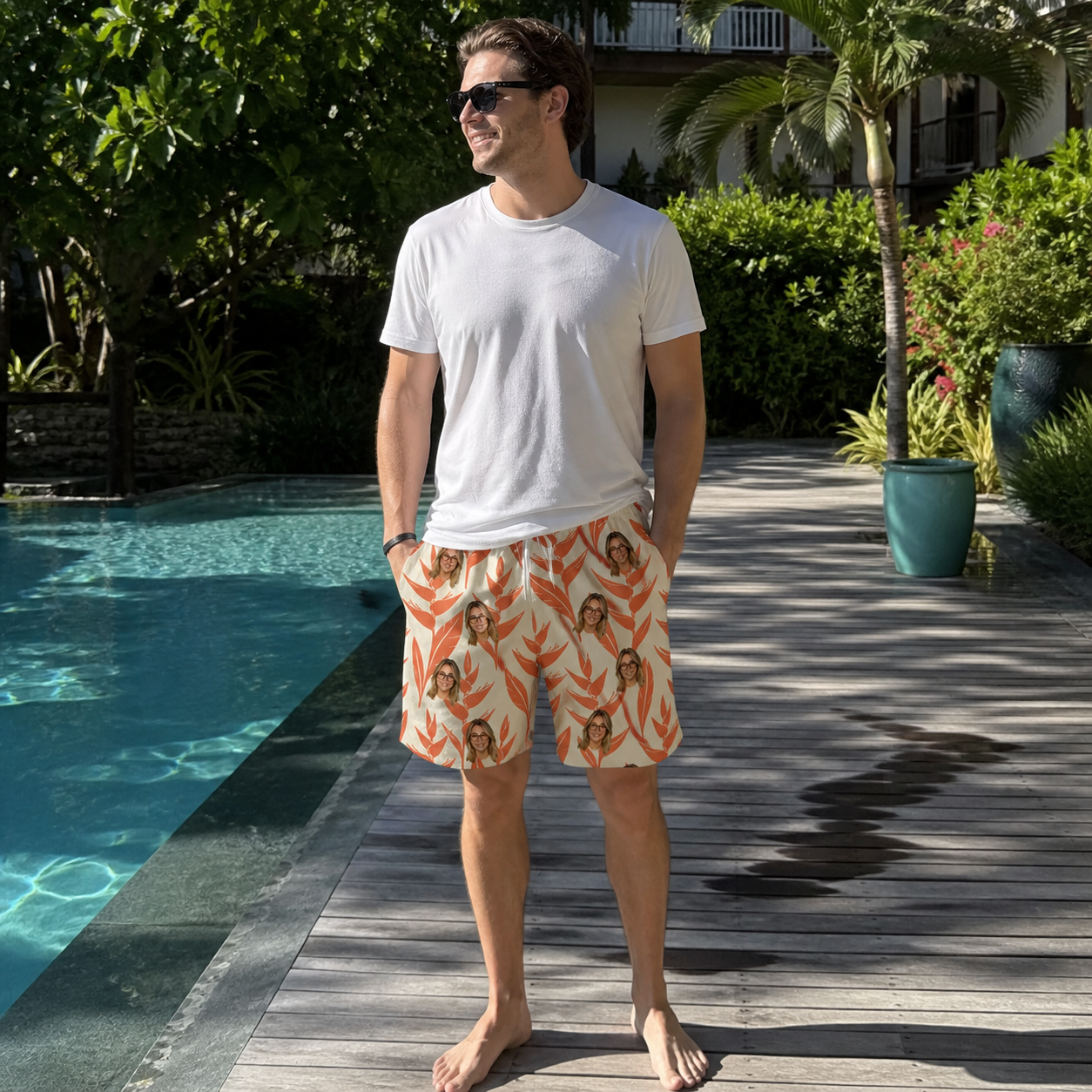 Real-life photo of someone wearing Men's Lobster Lilt Custom Face Beach Shorts — custom faces printed all-over