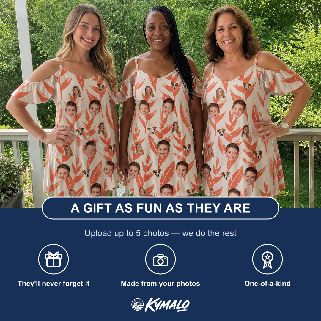 Friends in matching Women's Lobster Lilt Custom Face Off-Shoulder Dress — a group gift photo