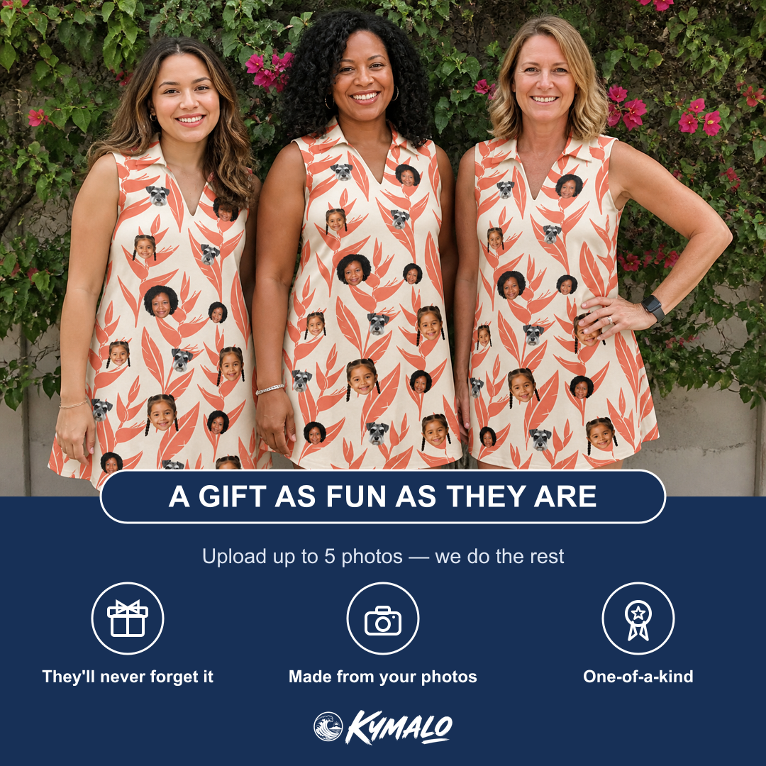 Friends in matching Women's Lobster Lilt Custom Face V-Neck Dress — a group gift photo