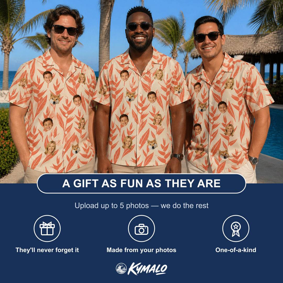 Friends in matching Men's Lobster Lilt Custom Face Hawaiian Shirt — a group gift photo