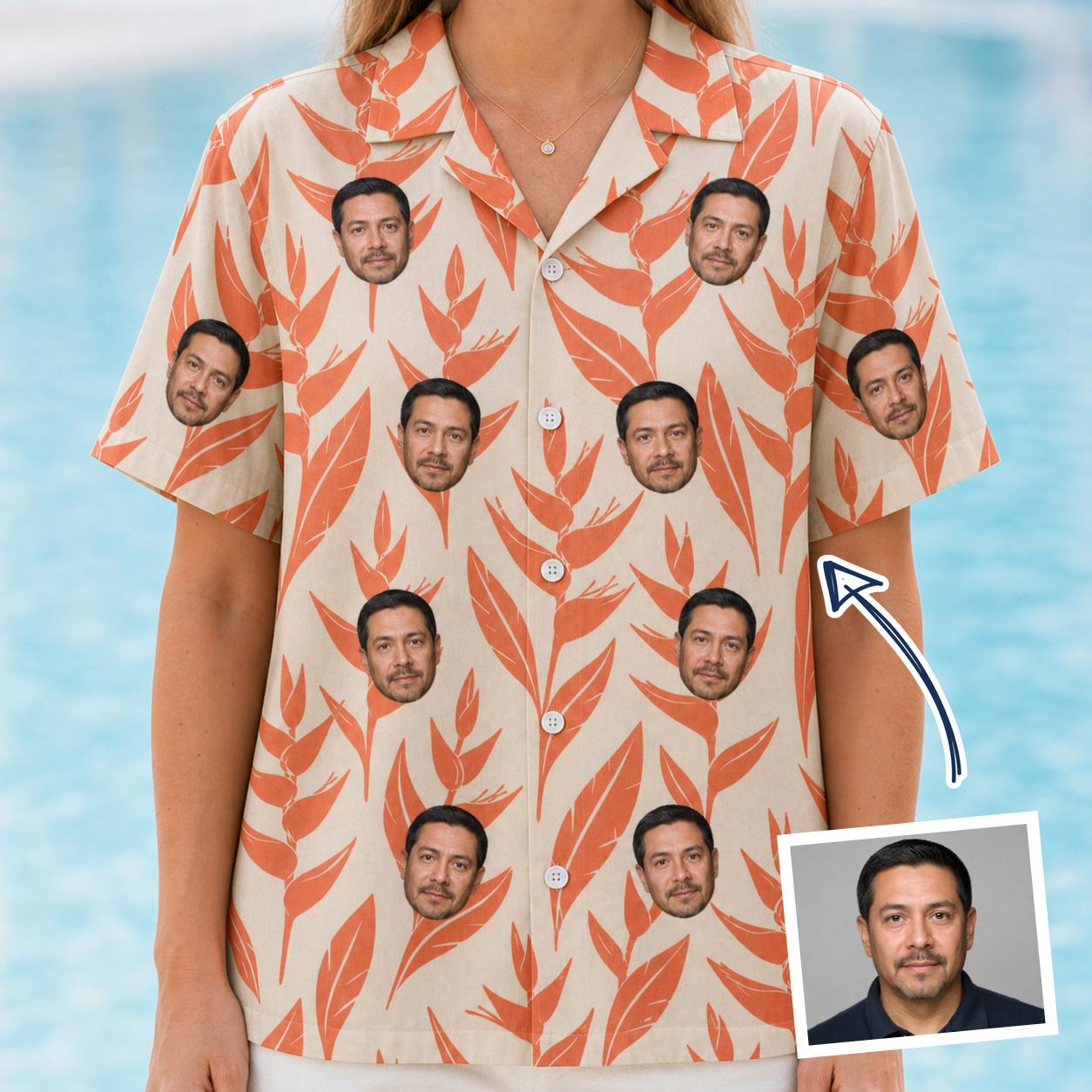 Woman wearing Women's Lobster Lilt Custom Face Hawaiian Shirt — custom faces printed all-over