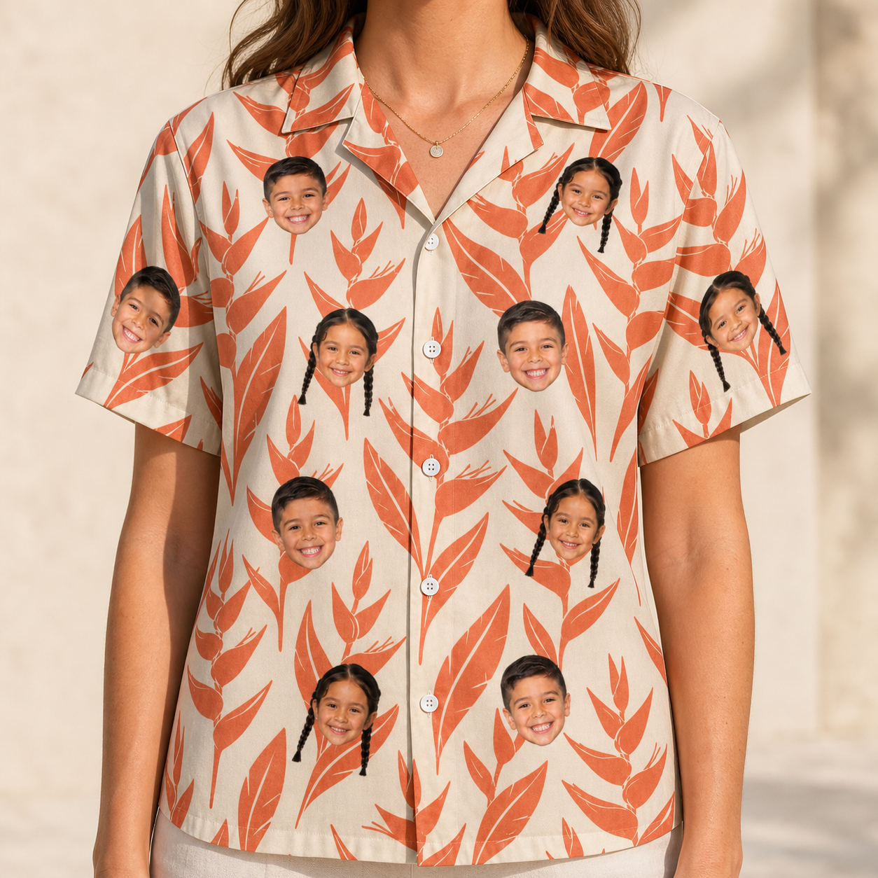 Model wearing Women's Lobster Lilt Custom Face Hawaiian Shirt printed with kids' faces