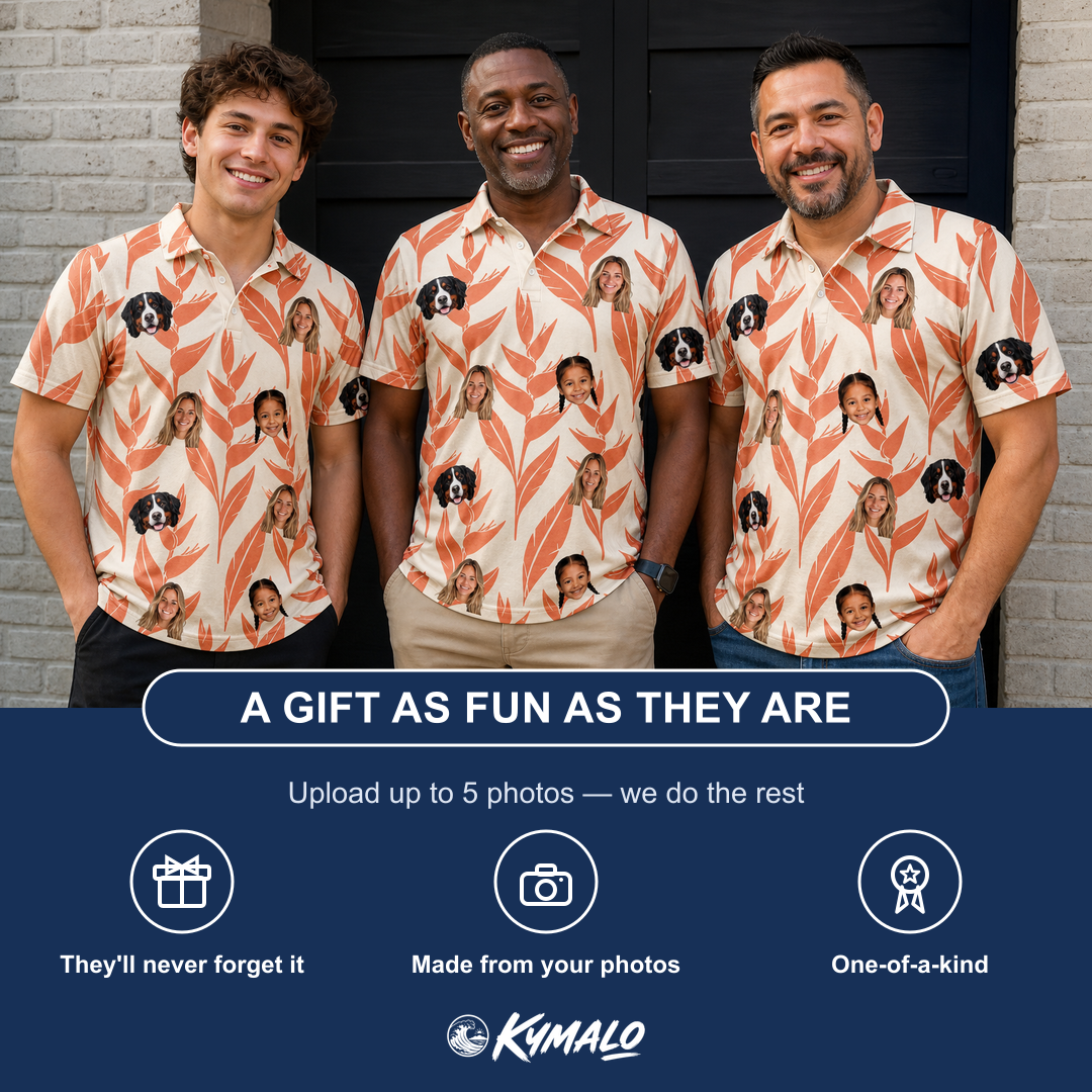 Friends in matching Men's Lobster Lilt Custom Face Polo Shirt — a group gift photo