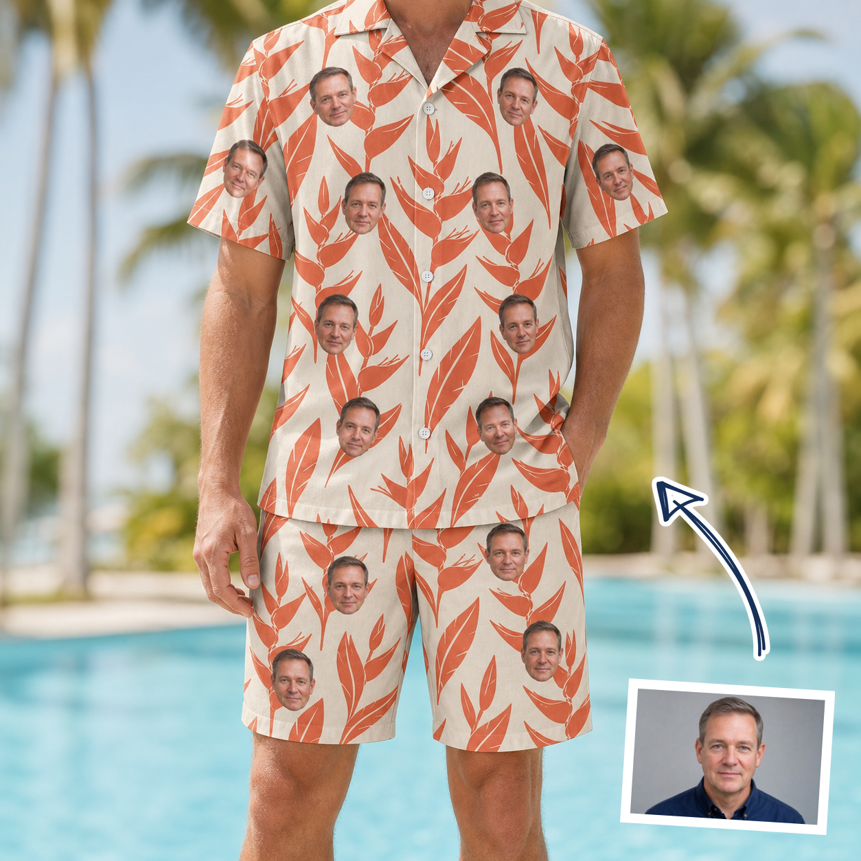 Man wearing Men's Lobster Lilt Custom Face Shirt & Shorts Set — custom faces printed all-over