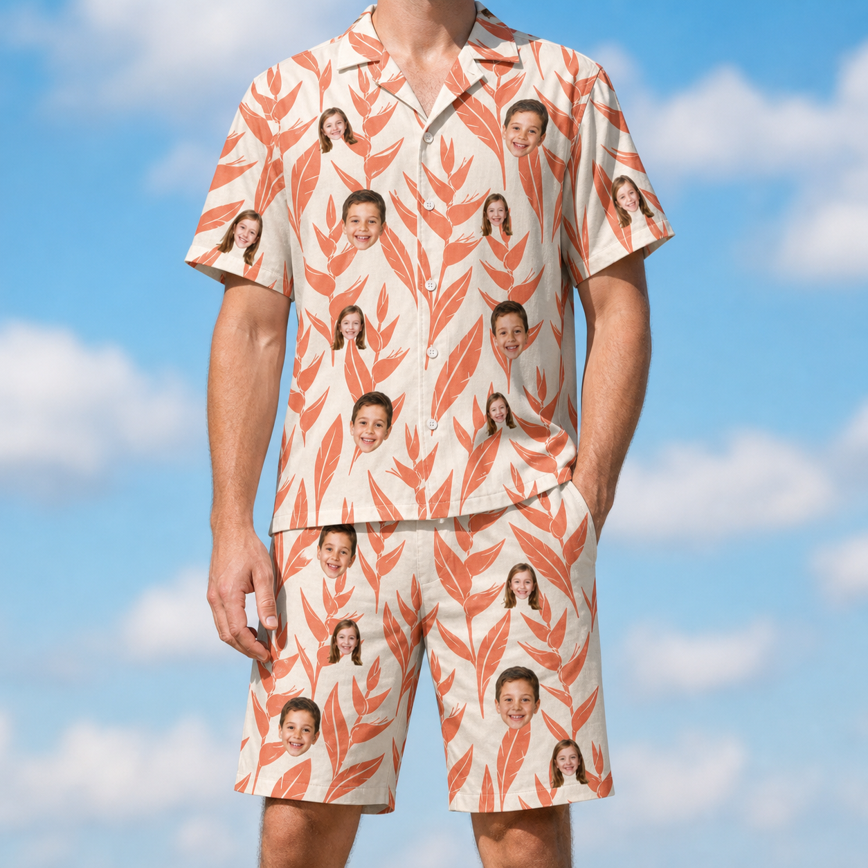 Model wearing Men's Lobster Lilt Custom Face Shirt & Shorts Set printed with kids' faces