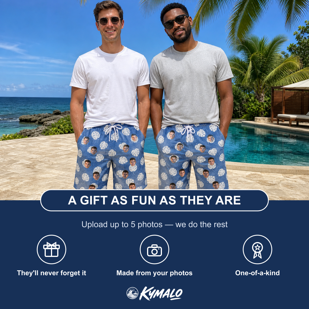Friends in matching Men's Split Personality Custom Face Beach Shorts — a group gift photo