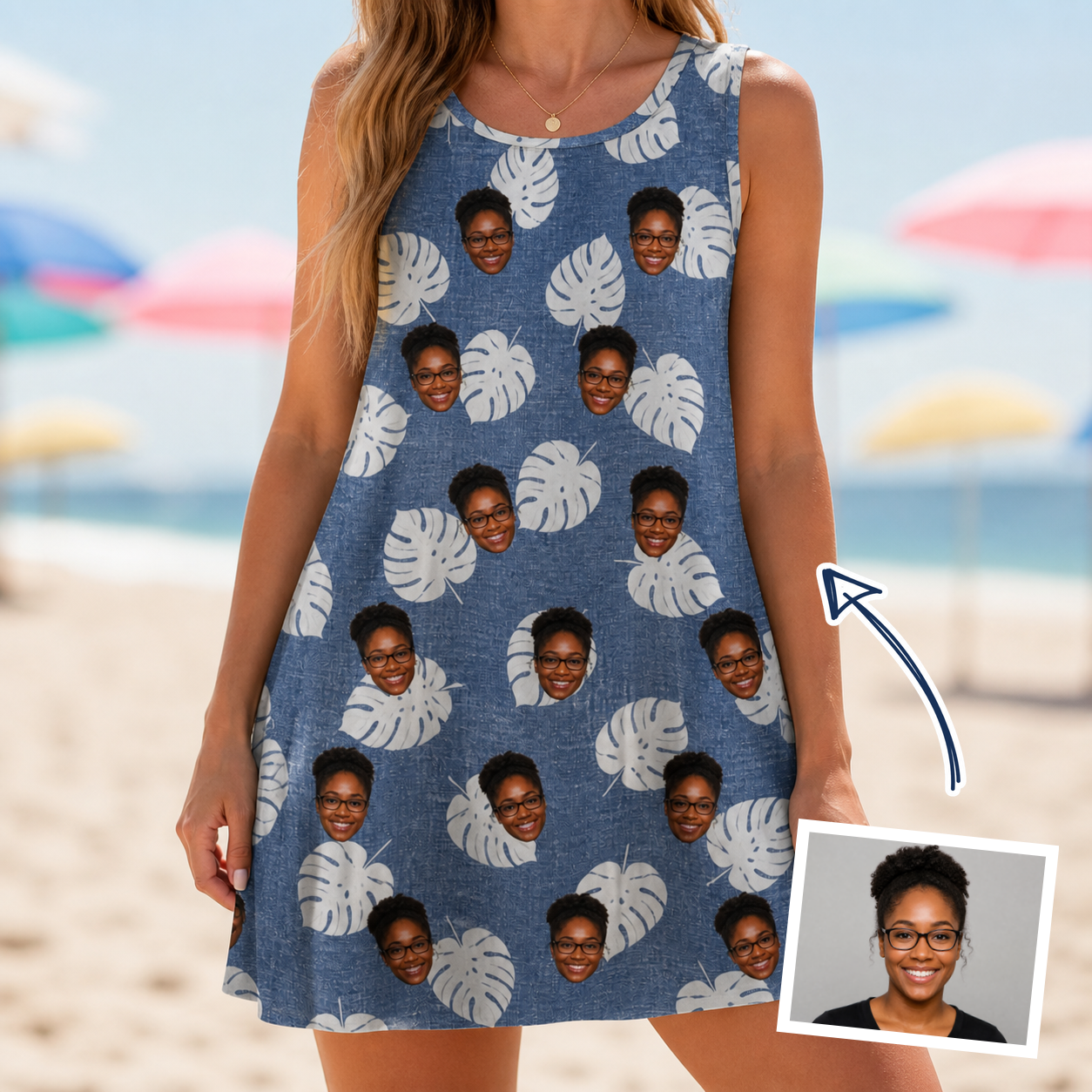 Woman wearing Women's Split Personality Custom Face Tank Dress — custom faces printed all-over