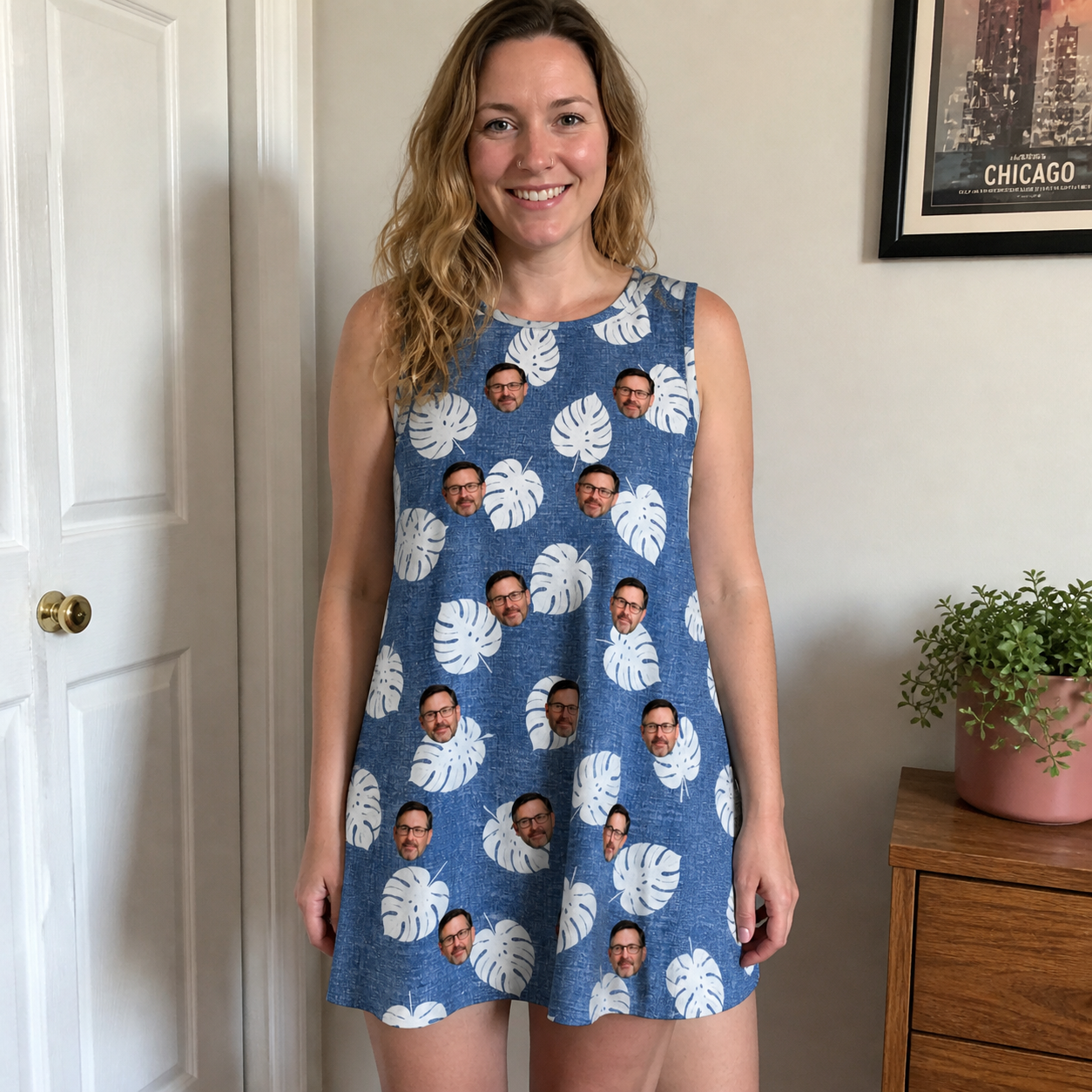 Real-life photo of someone wearing Women's Split Personality Custom Face Tank Dress — custom faces printed all-over