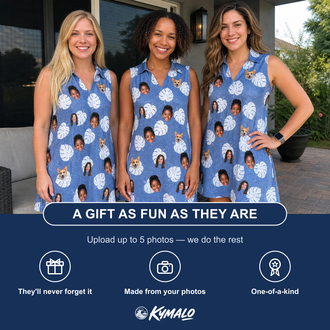 Friends in matching Women's Split Personality Custom Face V-Neck Dress — a group gift photo