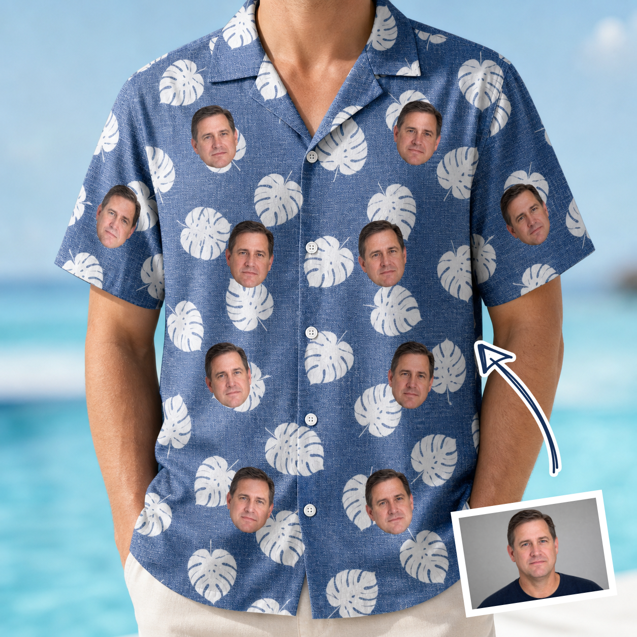Man wearing Men's Split Personality Custom Face Hawaiian Shirt — custom faces printed all-over
