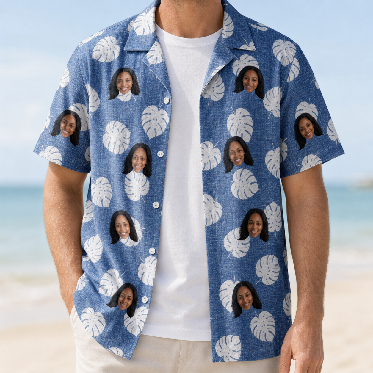 Man wearing Men's Split Personality Custom Face Hawaiian Shirt open over a white tee