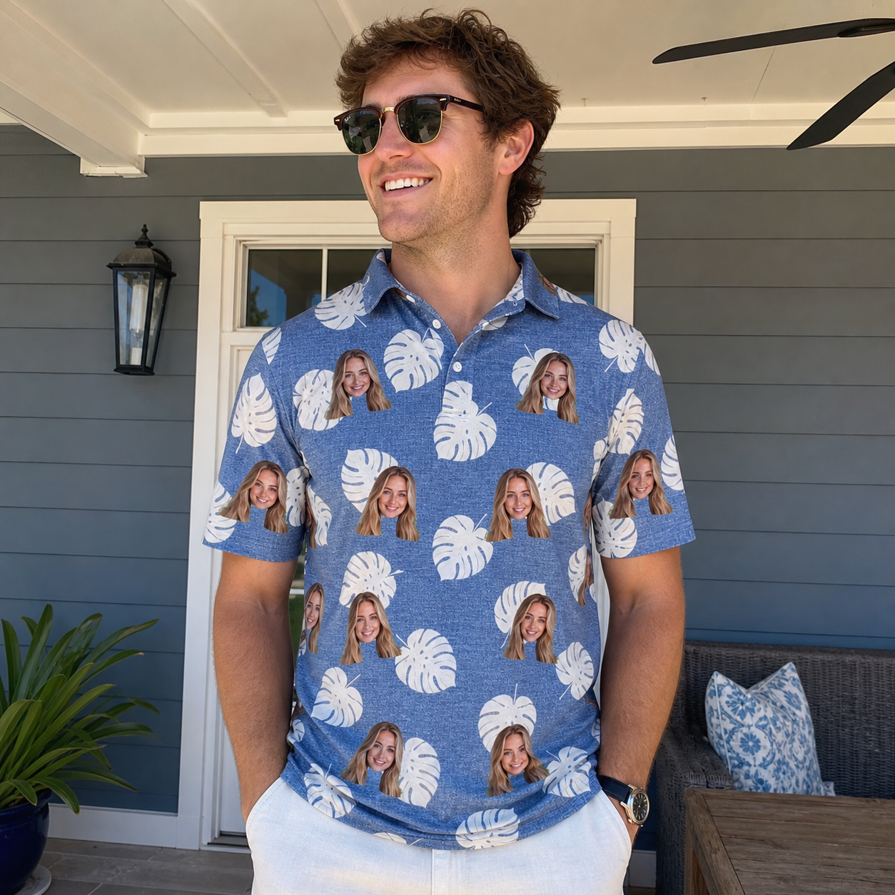 Real-life photo of someone wearing Men's Split Personality Custom Face Polo Shirt — custom faces printed all-over