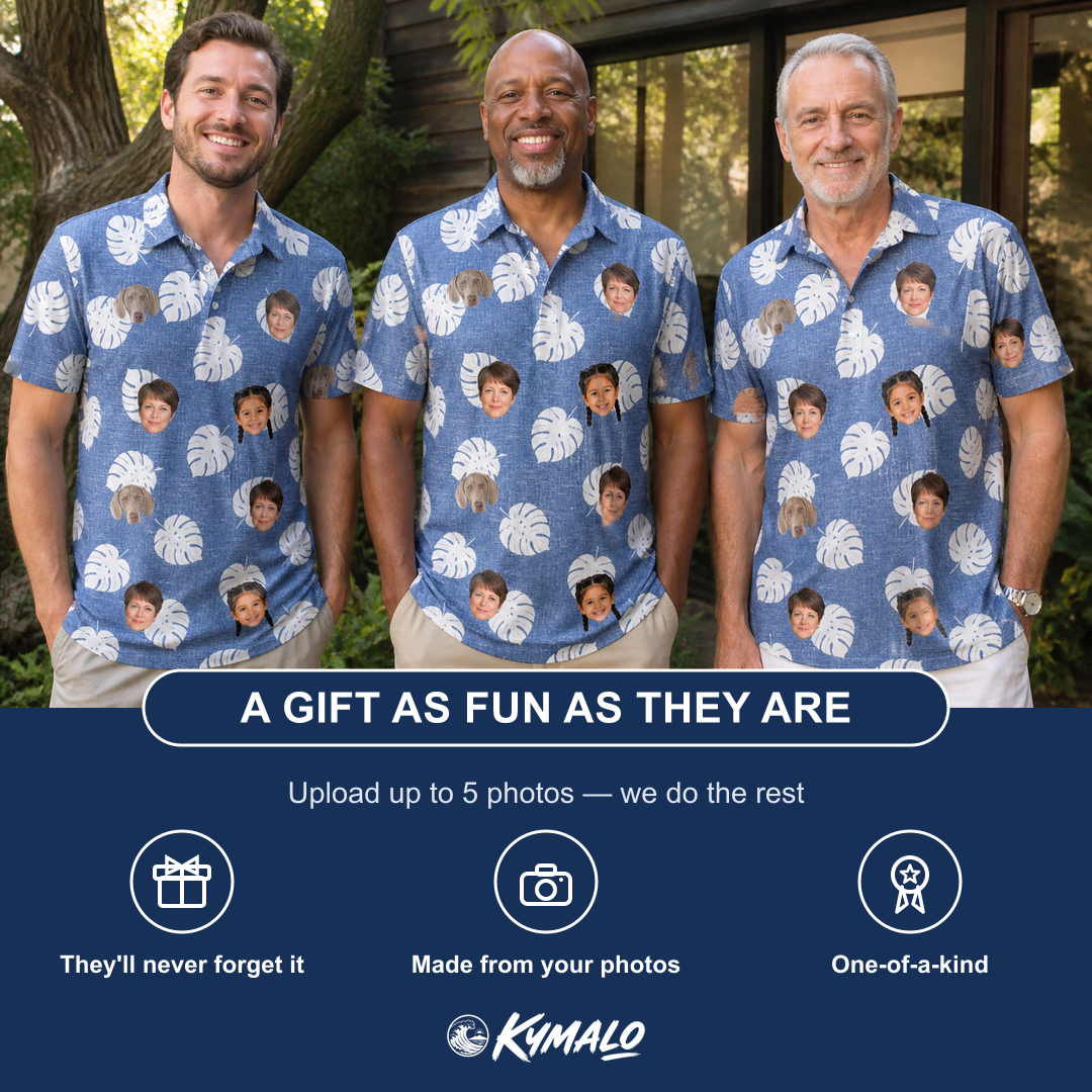 Friends in matching Men's Split Personality Custom Face Polo Shirt — a group gift photo