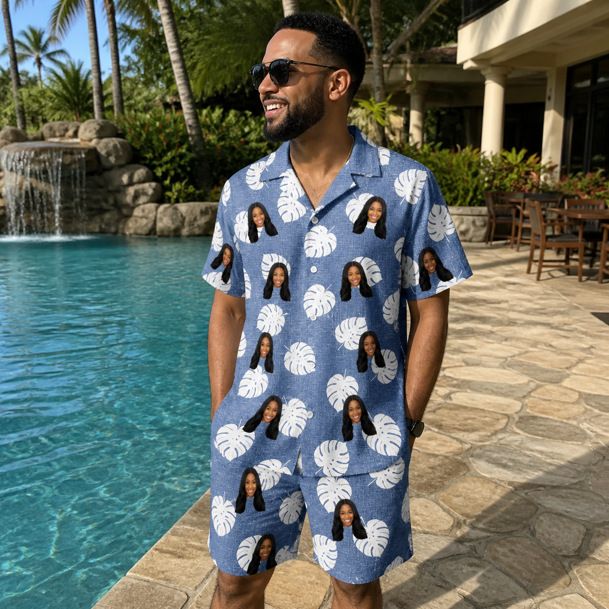 Real-life photo of someone wearing Men's Split Personality Custom Face Shirt & Shorts Set — custom faces printed all-over