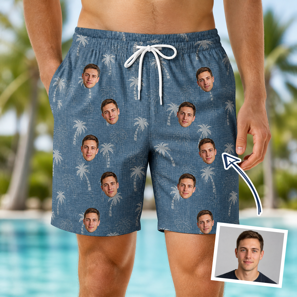 Man wearing Men's Flower Power Custom Face Beach Shorts — custom faces printed all-over