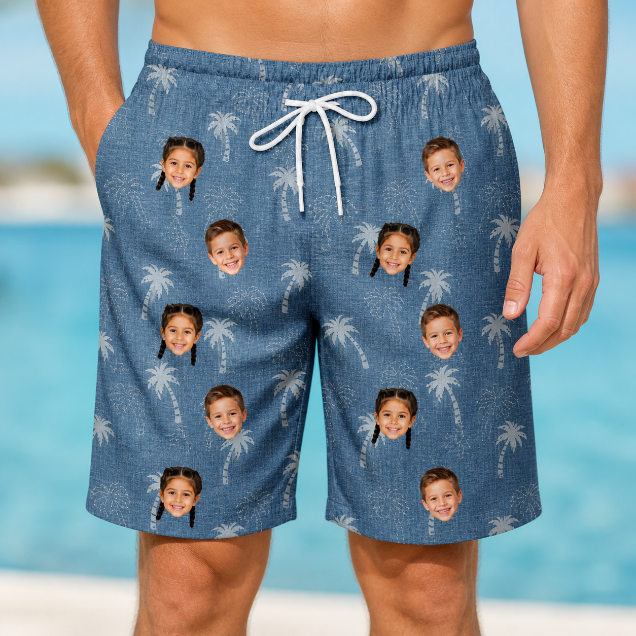 Model wearing Men's Flower Power Custom Face Beach Shorts printed with kids' faces