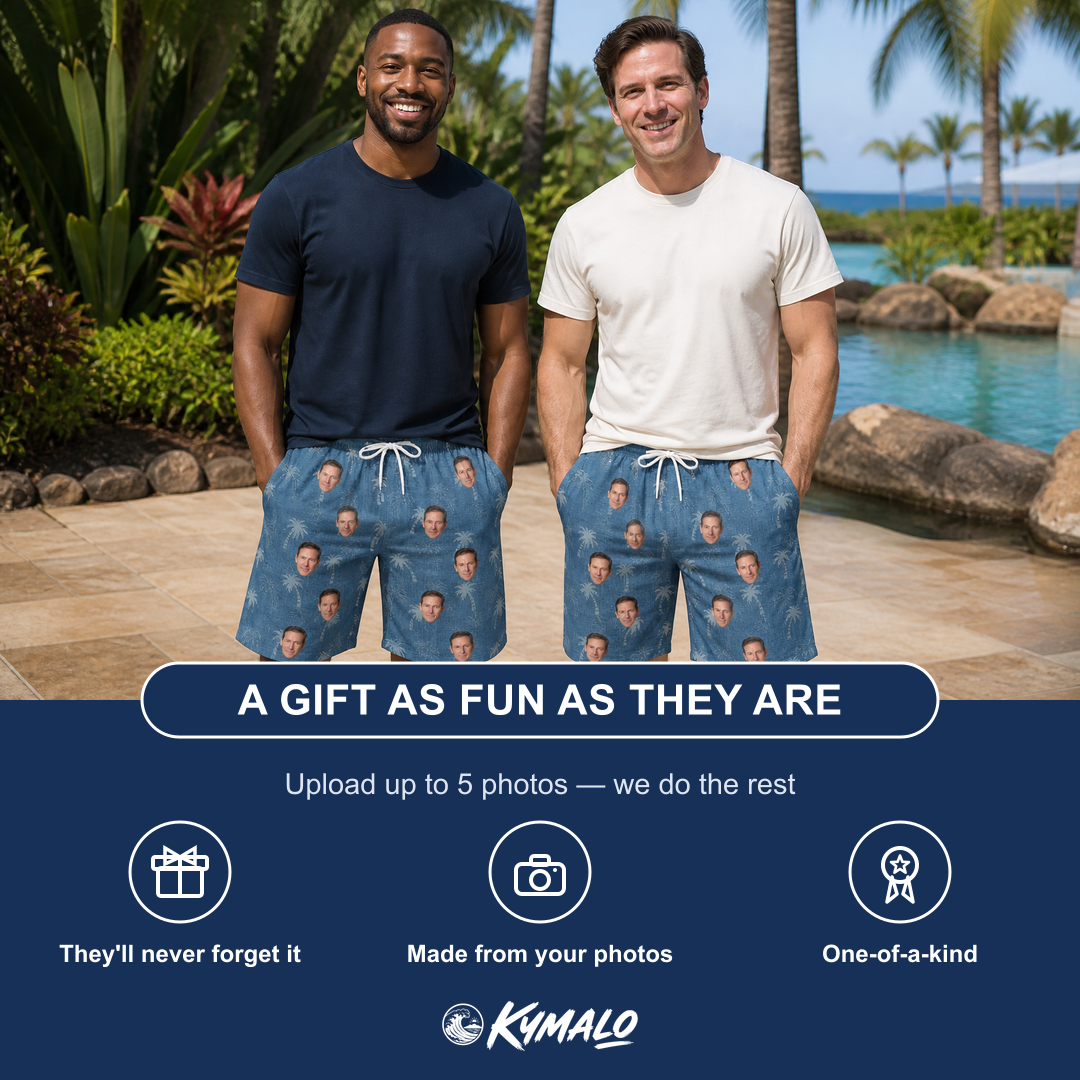 Friends in matching Men's Flower Power Custom Face Beach Shorts — a group gift photo