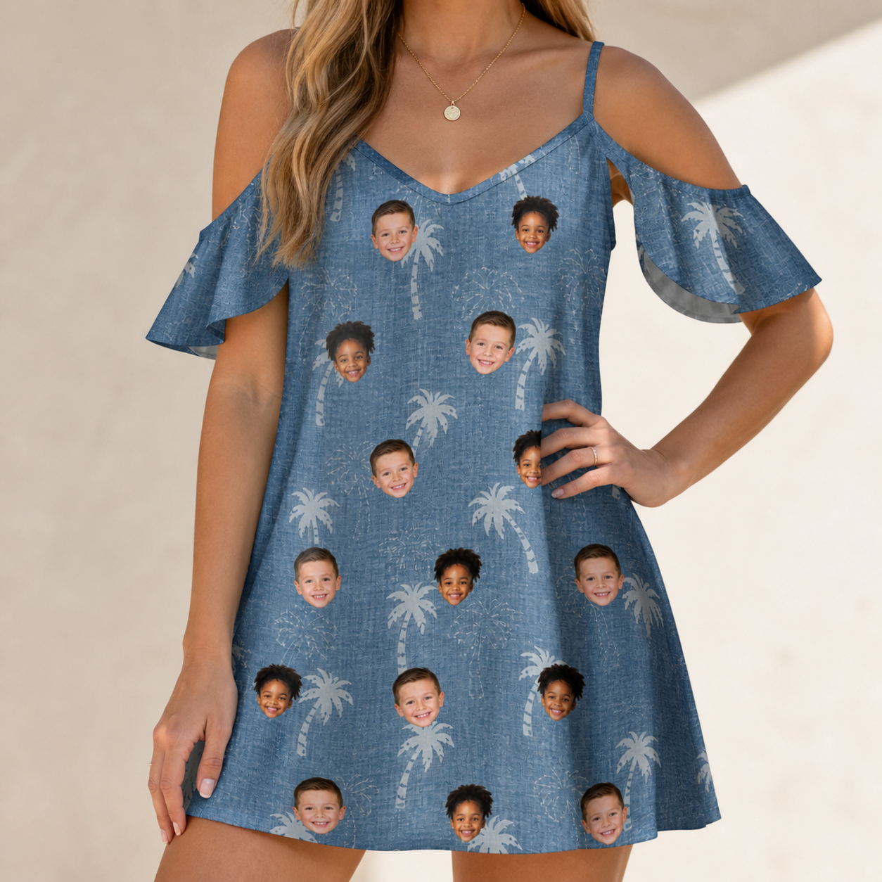 Model wearing Women's Flower Power Custom Face Off-Shoulder Dress printed with kids' faces
