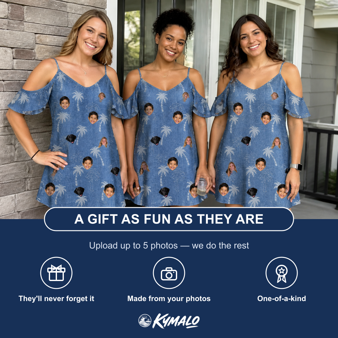 Friends in matching Women's Flower Power Custom Face Off-Shoulder Dress — a group gift photo