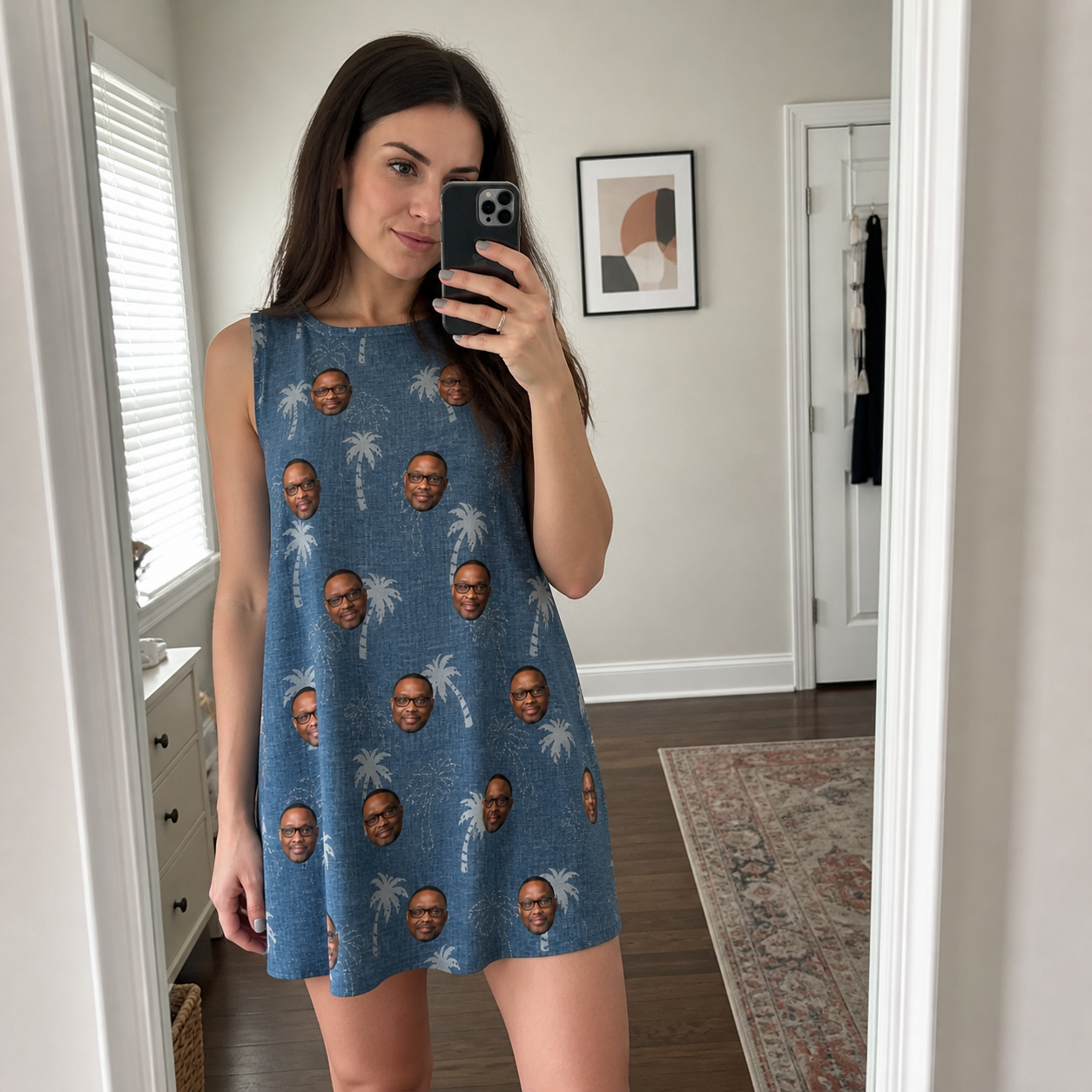 Real-life photo of someone wearing Women's Flower Power Custom Face Tank Dress — custom faces printed all-over