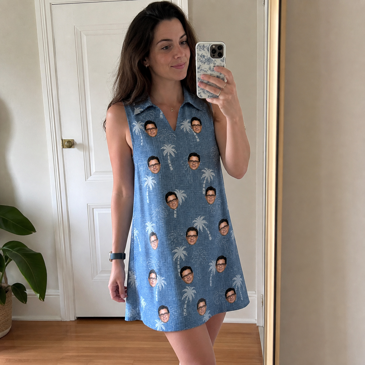 Real-life photo of someone wearing Women's Flower Power Custom Face V-Neck Dress — custom faces printed all-over