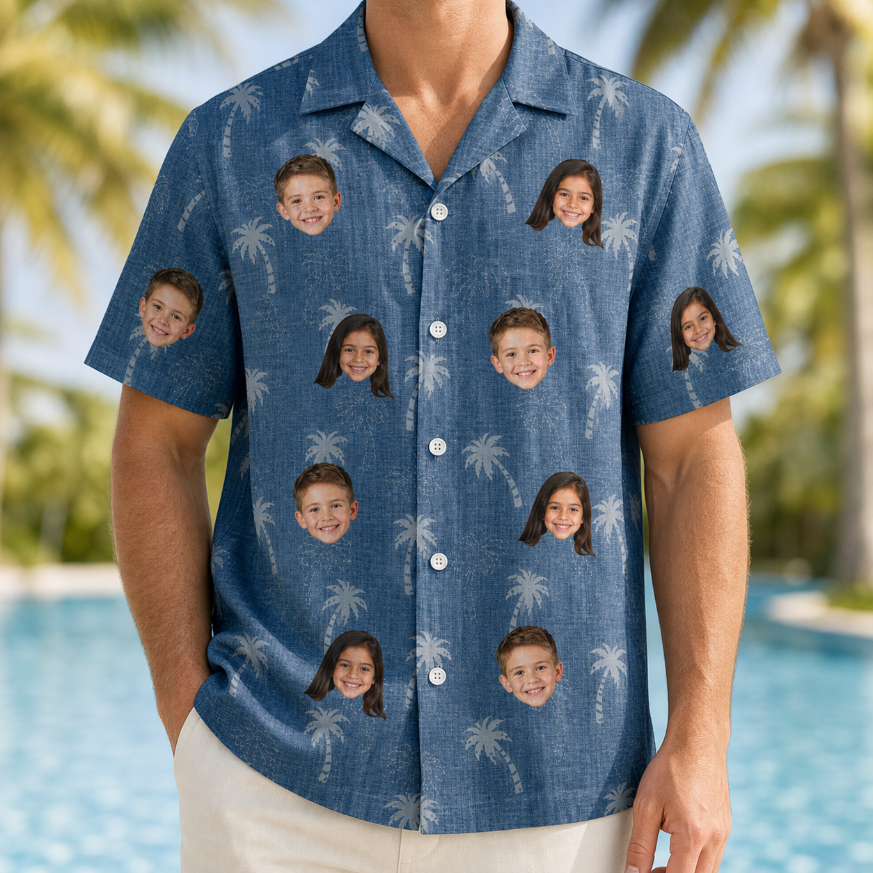 Model wearing Men's Flower Power Custom Face Hawaiian Shirt printed with kids' faces
