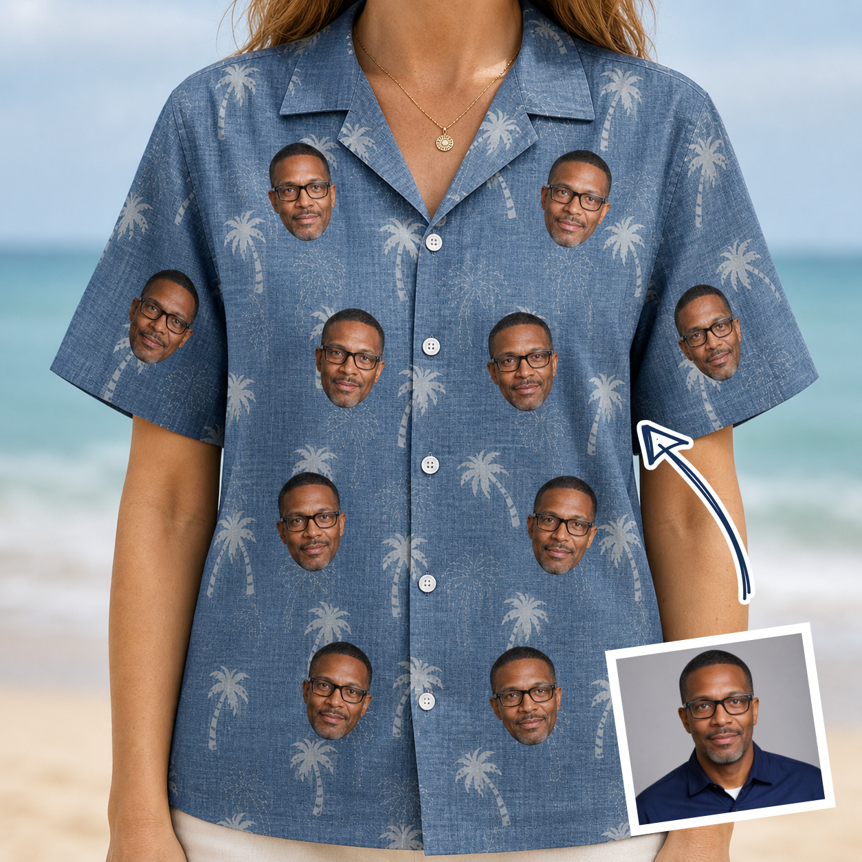 Woman wearing Women's Flower Power Custom Face Hawaiian Shirt — custom faces printed all-over