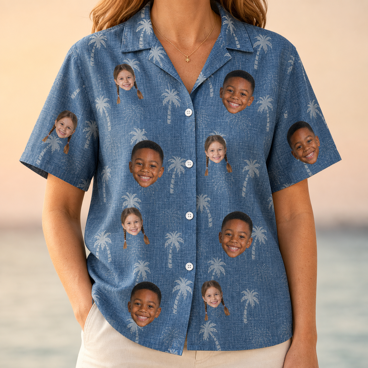 Model wearing Women's Flower Power Custom Face Hawaiian Shirt printed with kids' faces