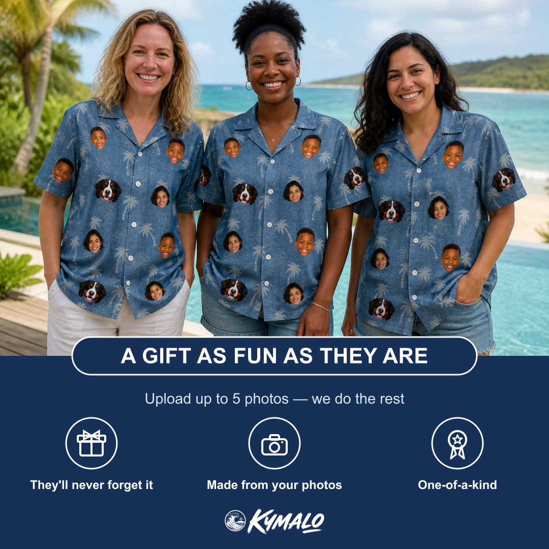 Friends in matching Women's Flower Power Custom Face Hawaiian Shirt — a group gift photo