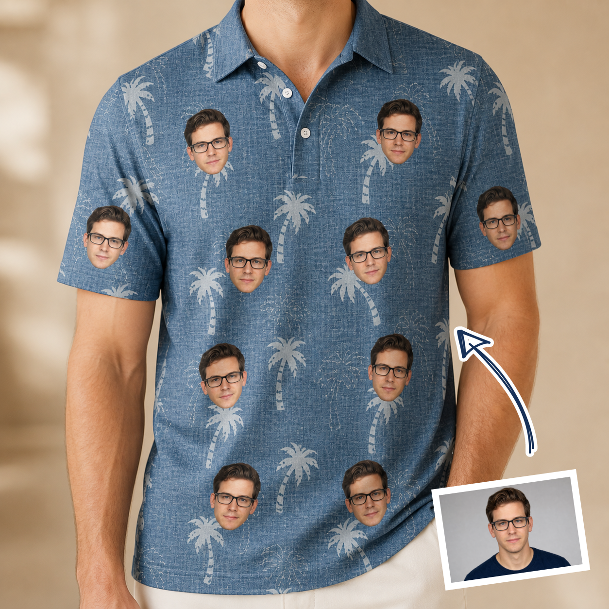 Man wearing Men's Flower Power Custom Face Polo Shirt — custom faces printed all-over
