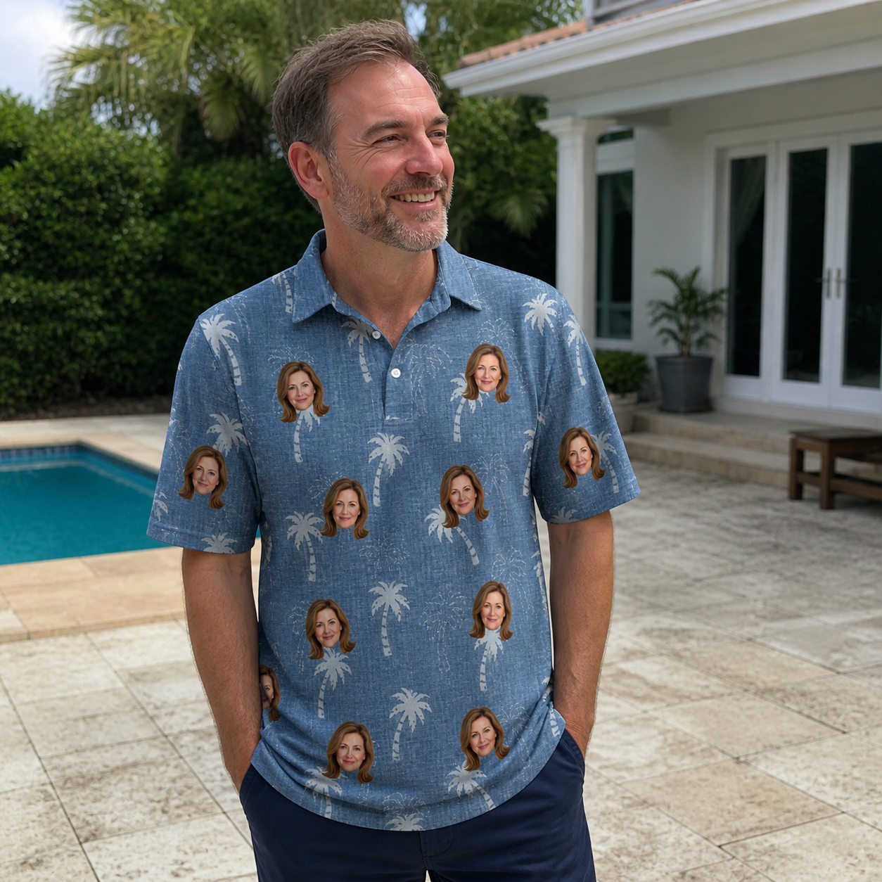 Real-life photo of someone wearing Men's Flower Power Custom Face Polo Shirt — custom faces printed all-over