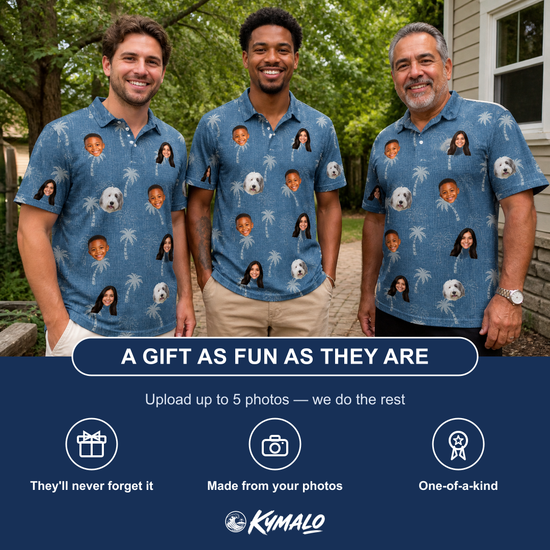 Friends in matching Men's Flower Power Custom Face Polo Shirt — a group gift photo