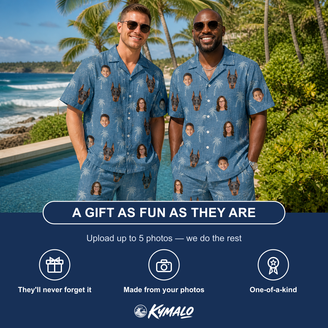 Friends in matching Men's Flower Power Custom Face Shirt & Shorts Set — a group gift photo