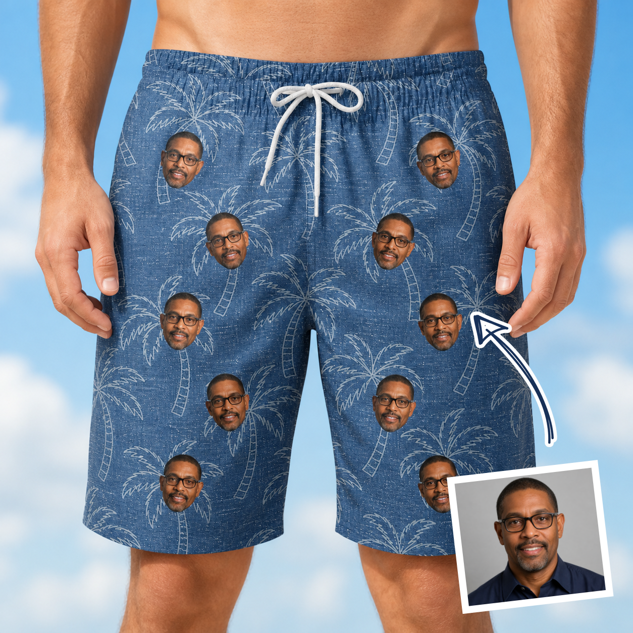 Man wearing Men's Aloha Arbor Custom Face Beach Shorts — custom faces printed all-over
